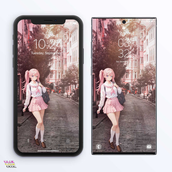 Pink Anime School Girl In Europe Digital Phone Wallpaper