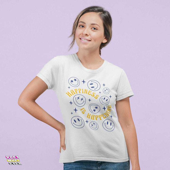 Happiness is Happening Positive Vibe Smiley Shirt - PlayWhatever