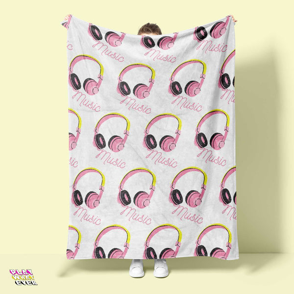 Pink Headphones Music is Life Throw Blanket