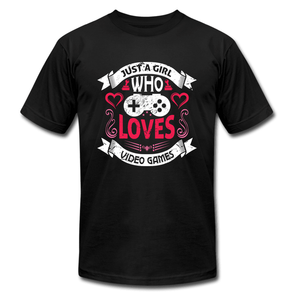 Just A Girl Who Loves Video Games Hearts Unisex Jersey T-Shirt - black