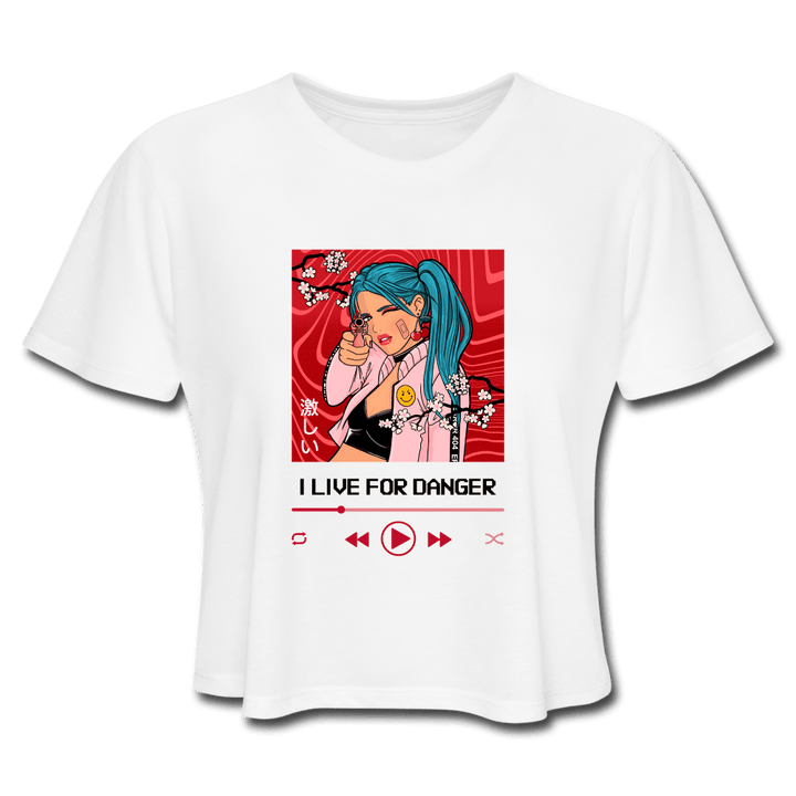 I Live for Danger Anime Gunner Cropped Top - white